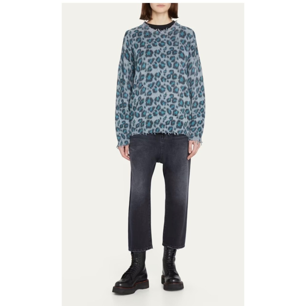 R13 Distressed Leopard Oversize Cotton Sweater Small Blue Edgy Designer
